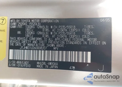 2006 Lexus Rx 400H из США, поврежденный, VIN JTJHW31U260008207